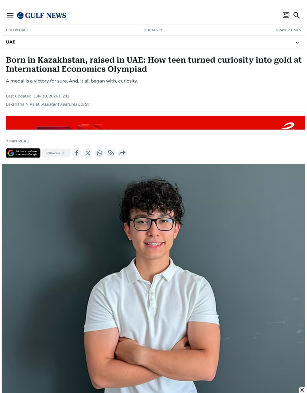 Gulf News: Born in Kazakhstan, raised in UAE: How teen turned curiosity into gold at International Economics Olympiad