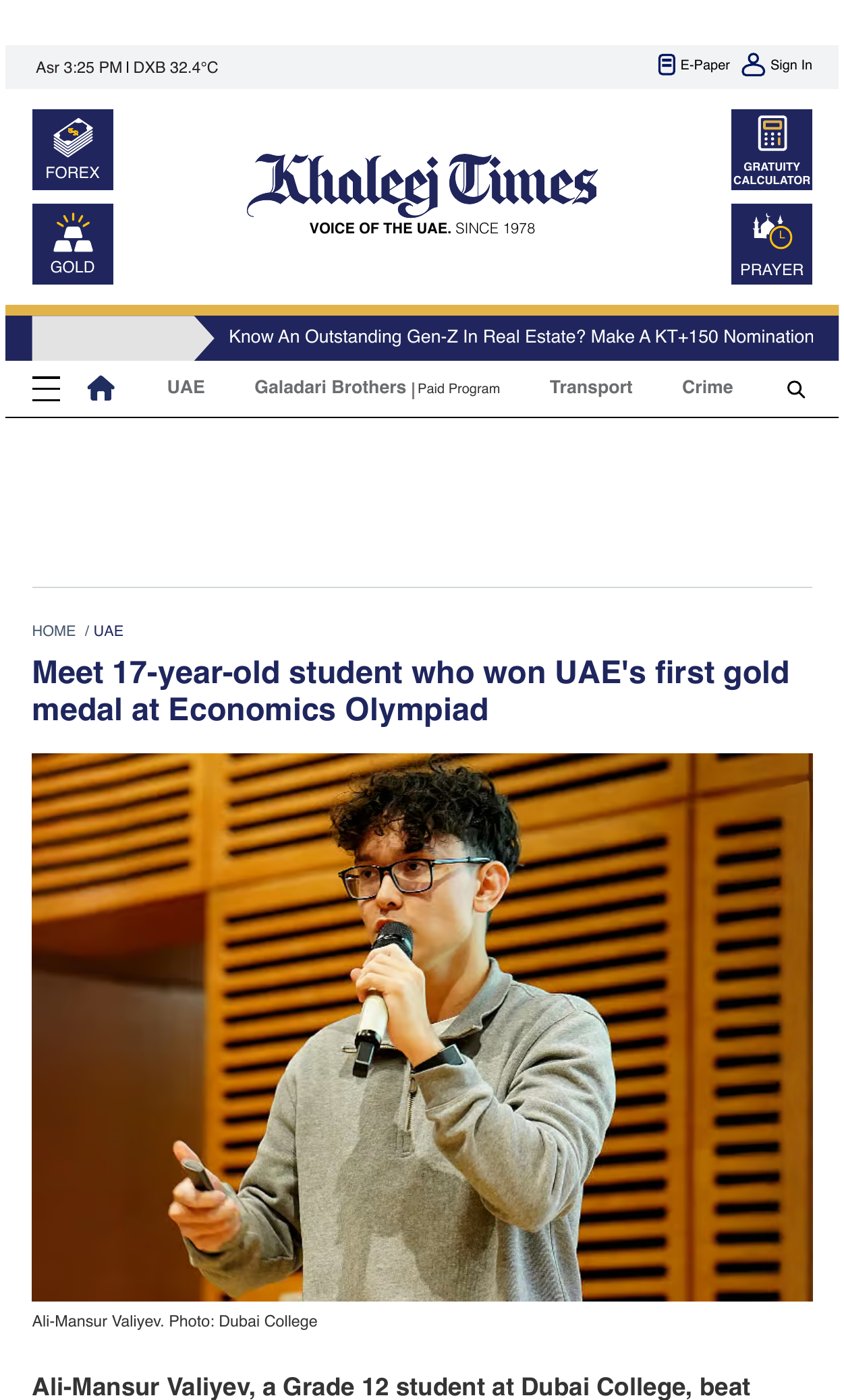 Khaleej Times: Meet 17-year-old student who won UAE's first gold medal at Economics Olympiad